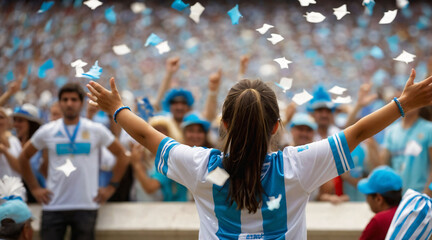 Woman fan supporting Argentina national team. Sports fan celebrating championship victory in a sports stadium. Fan cheering zone