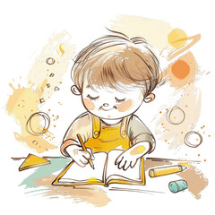 Mały chłopiec siedzi przy drewnianym stole i pisze w otwartej książce. Koncentruje się na swoim zadaniu, skupiony na nauce i pisaniu