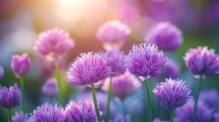 Fototapeta premium Beautiful purple chives flowers blossoming in a garden.