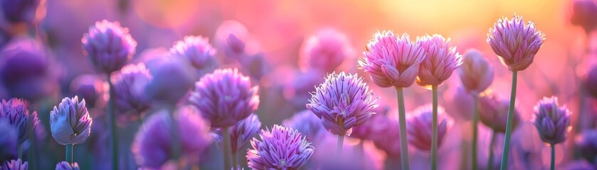 Beautiful purple chives flowers blossoming in a garden.
