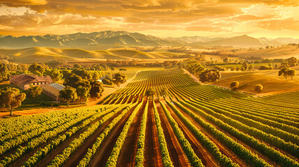 Vineyard at Sunset, Rows of Grapevines Stretching Across Hillside, Scenic Wine Country Landscape