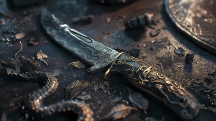 Elegant and refined scene, Dragon series pocket knife product shot, live action, textured