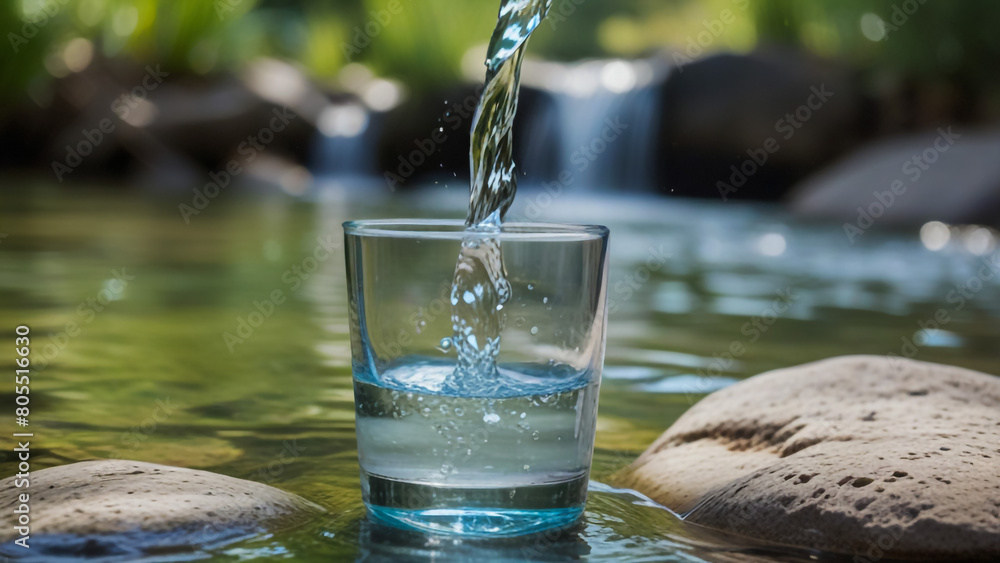 Wall mural summer water glass drink water pouring in to glass pure fresh water freshness.health water flows int