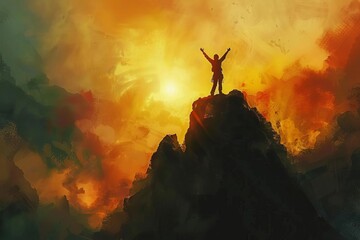 Fototapeta premium silhouette of triumphant climber on mountain summit accomplishment and success digital painting