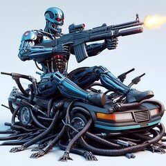  An image showcasing a robot positioned atop a car, brandishing a gun, - obrazy, fototapety, plakaty