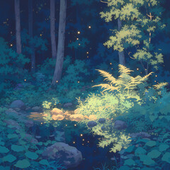 Uncover the enchanting allure of a nighttime woodland bathed in a warm, inviting glow. This captivating illustration showcases the beauty of nature's nocturnal charm, from the sparkling stars above