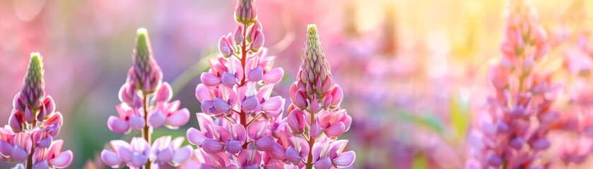 Obraz premium Beautiful pink lupins blossoming on flower bed on summer day. 