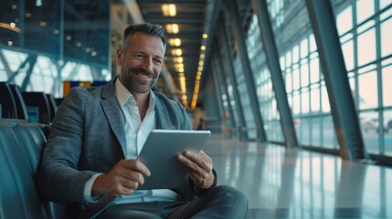 Airport Terminal Flight Wait: Smiling Businessman Uses Digital Tablet Computer for e-Business, Browsing Internet with App. Traveling Entrepreneur Work Online, Sitting in Boarding Lounge of Airline Hub