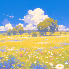 A captivating seasonal meadow landscape painting with a vibrant panoramic view. This serene scene is perfect for nature-inspired designs and marketing materials.