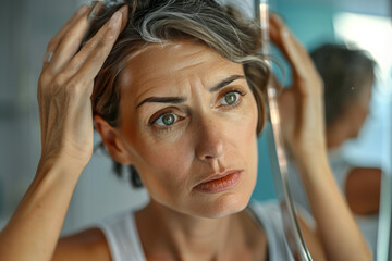 A mature European woman looks in the mirror in surprise, she saw gray hair, close-up. Aging process