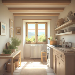 Obraz premium Brightly Lit Elegant Kitchen with Open Concept Design and Stylish Wooden Shelves by the Window