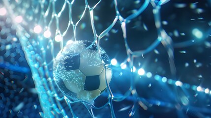 A soccer ball is in a net that is blue and has the word soccer on it. 