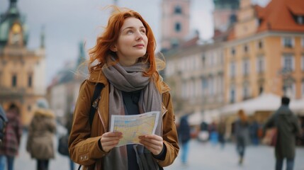 Attractive young female tourist is exploring new city. Redhead girl holding a paper map on Market Square in Krakow. Traveling Europe in autumn