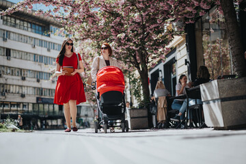 Professionally dressed businesswomen stroll with a red baby stroller among blooming trees in an...