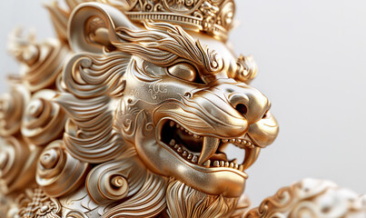 An intricate golden sculpture of a lion's head adorned with a royal crown. Generate AI