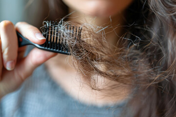 Woman with a tuft of hair on a comb. Hair loss when combing. Hair care