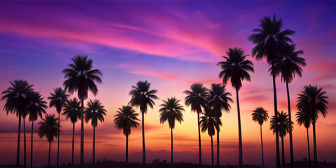 Obraz premium Silhouetted palm trees against a vibrant sunset, casting a tranquil scene of natural beauty.