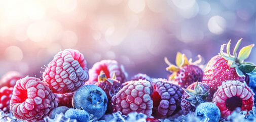 Assorted frozen blueberries, raspberries, strawberries. Background with healthy food. Copy space, banner