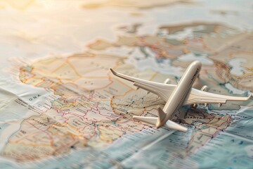 A miniature airplane model flying above a detailed world map, symbolizing international travel and global exploration opportunities.