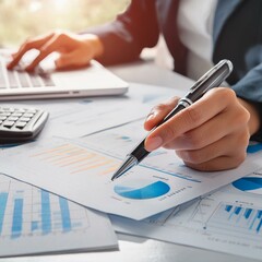 Fototapeta premium Professional Analysing Graphs and Charts - Financial Accountant studying Numbers - Business Audit - Finance Managers making up Balance - Analyst working at a Desk - Data Strategy - Stockbroker