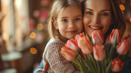 mother and daughter hugging with tulips flower in front