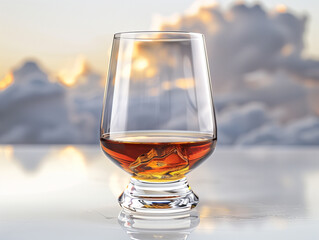 Alcool fort ou liqueur dans un verre à cognac : calvados, armagnac, cognac, rhum ambré, etc. sur fond blanc avec un ciel nuageux au crépuscule