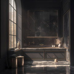 Elegant Freestanding Bath in Opulent Black and White Bathroom