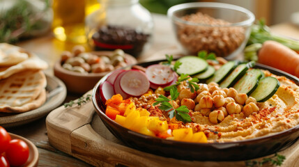 Mediterranean diet. hummus platter with veggies and whole grain pita, balanced meal inspiration