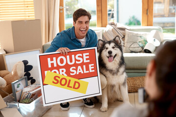 Couple, dog or happy family with house sold for moving into new home, investment and relocation...