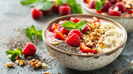 Colorful smoothie bowls with chia seeds, nuts, and fresh fruits - nutrient-packed breakfast