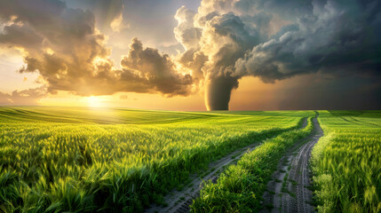 A tornado against a backdrop of gray clouds, a field . Landscape with storm.