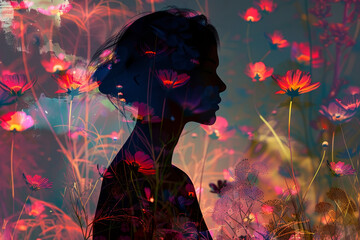 Empowering woman among digital flowers, modern art with vibrant colors and dynamic shadows