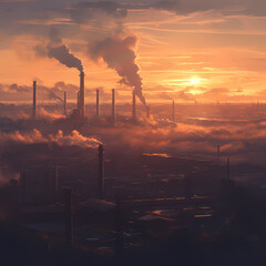 The Golden Glow of Dawn Illuminates Chimney Stacks in an Industrial Cityscape