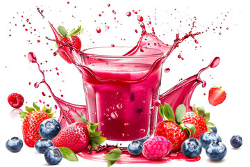 Berries drink with strawberry, blueberry and raspberry in splashing fresh juice isolated on white background.