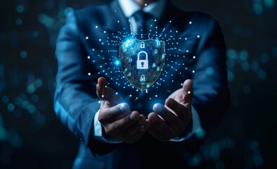 
Businessman holding a virtual digital padlock and icon of an internet security network in the style of a data protection concept on a dark blue background with copy space for text. The stock photo wa