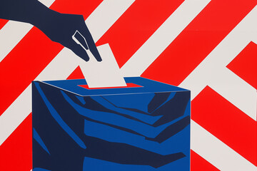 A hand throws a ballot into the ballot box. Red blue color.