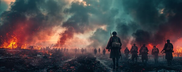 Obraz premium Soldiers walk in a dystopian fiery landscape