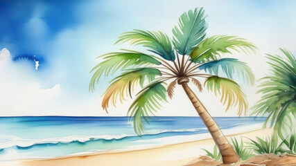 Obraz premium Watercolor illustration summer day on beach with palm tree, traveling, relaxing and rest concept, copy space