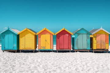 Beach huts with vibrantly colored doors on sand