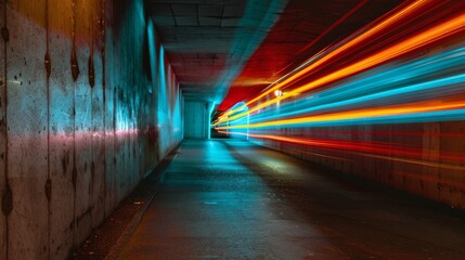 Colorful Light Trails in Concrete Tunnel
