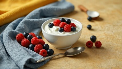 Yogurt with raspberry and blueberry.