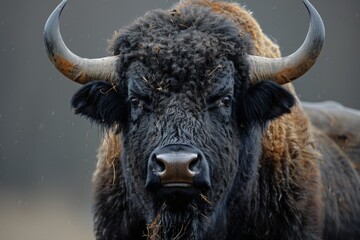Intense close-up of a buffalo's face with sharp detail, in the cold rain, representing resilience and strength