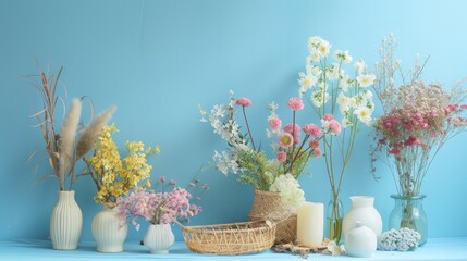 Spring Floral Arrangement on Blue Background