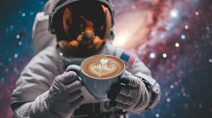 An astronaut holds a cup of coffee in outer space