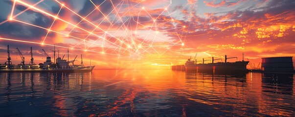 The image shows a busy shipping port at sunset. The sky is ablaze with color, and the water is calm and still. The ships are all docked, and the cranes are busy loading and unloading cargo. The port i