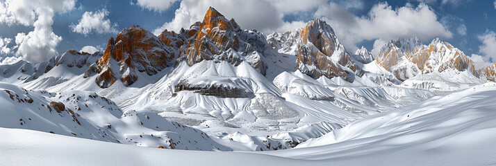 Winter wonderland in the Dolomites, showcasing snow-covered peaks and ski slopes under a brilliant blue sky - obrazy, fototapety, plakaty