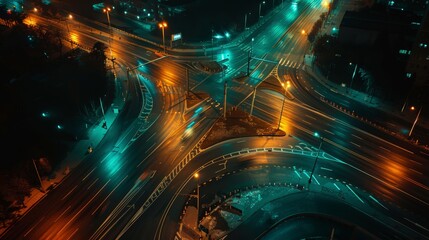 Time lapse of busy highway road, a highway intersection in the city at night 
