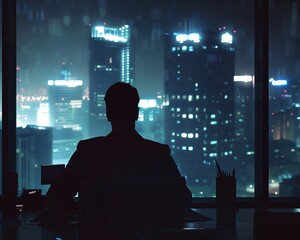 A man looking out the window at a futuristic city at night.