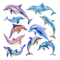 Watercolor Illustration painting of dolphin set, isolated on a white background, dolphin set clipart, dolphin set vector, dolphin set painting, dolphin set art, drawing clipart, dolphin set Graphic.