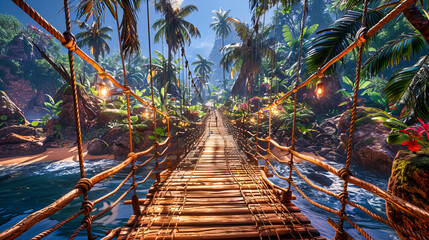 Wooden bridge amidst tropical jungle on an Indonesian island, scenic view of a serene natural landscape - Powered by Adobe